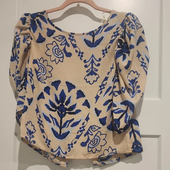 Sienna Sky Blue and Cream Puff Sleeve Blouse - Picture 1 of 4